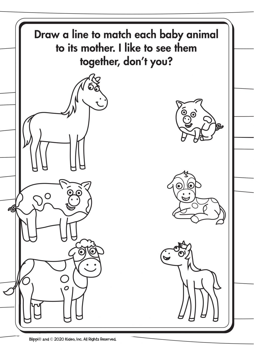 Draw a line from each baby animal to its mother.